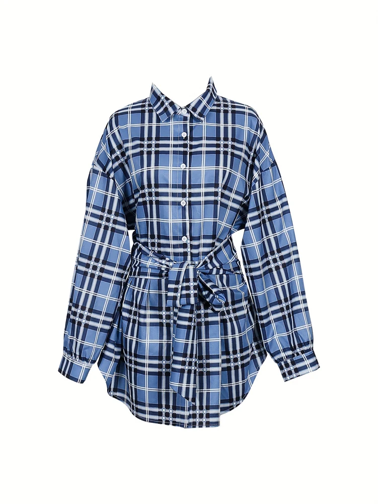 Belted Shirt Dress - Women Plaid Shirt Dress Elastic High