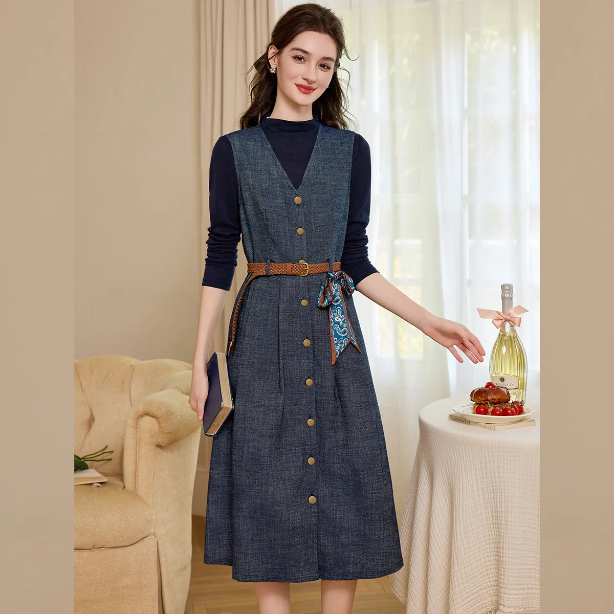 LOUISYAO High Collar Top & Dre - Belted Shirt Dress ulasan dan harga
