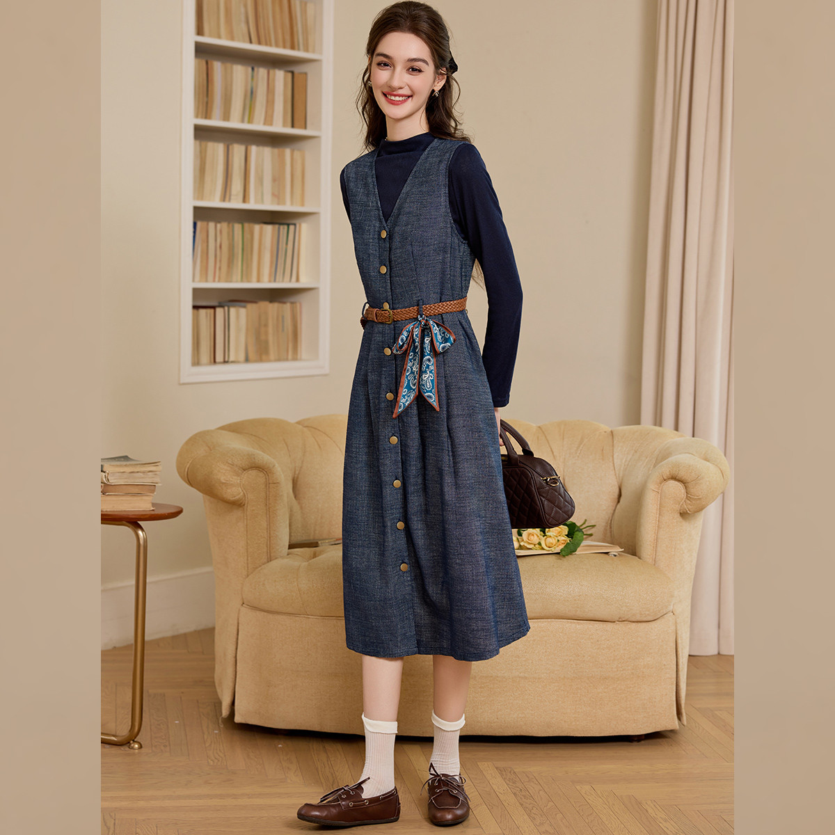 LOUISYAO High Collar Top & Dre - Belted Shirt Dress ulasan dan harga