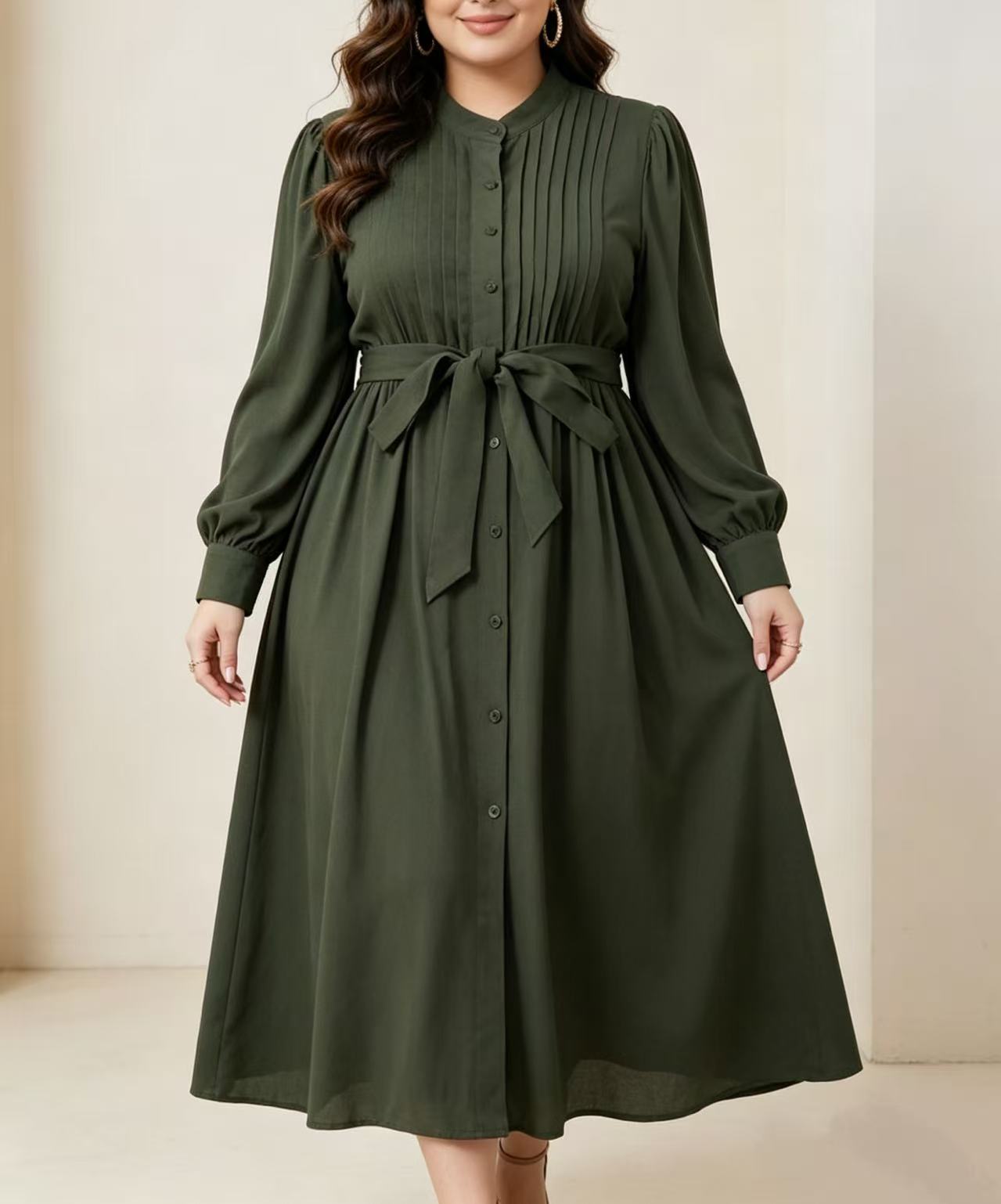 Plus size women's army green p - Belted Shirt Dress ulasan dan harga