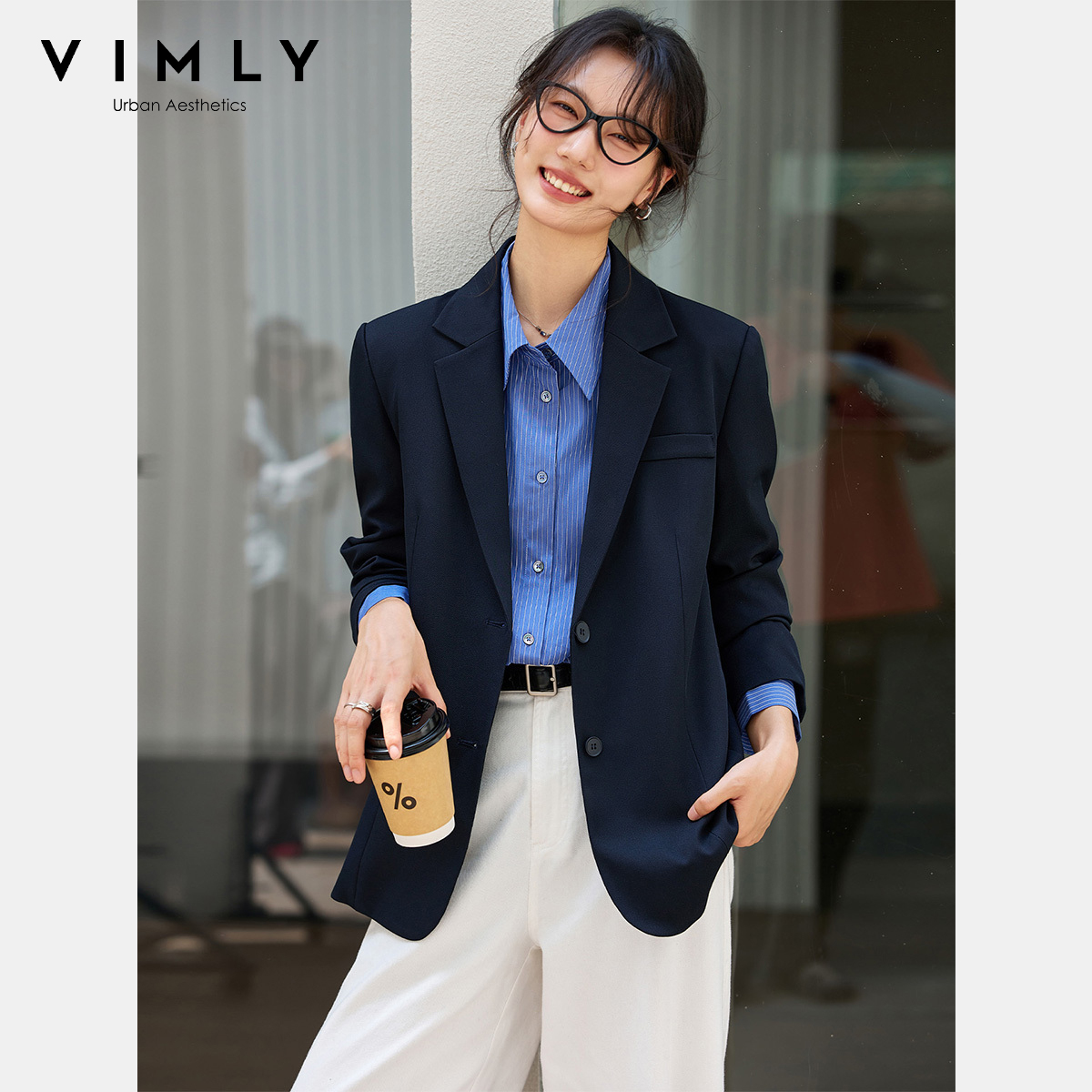 VIMLY Women's Navy Blue Jacket - Blazer Women Oversized ulasan dan harga