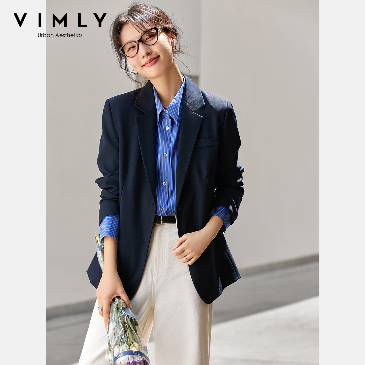 VIMLY Women's Navy Blue Jacket - Blazer Women Oversized ulasan dan harga