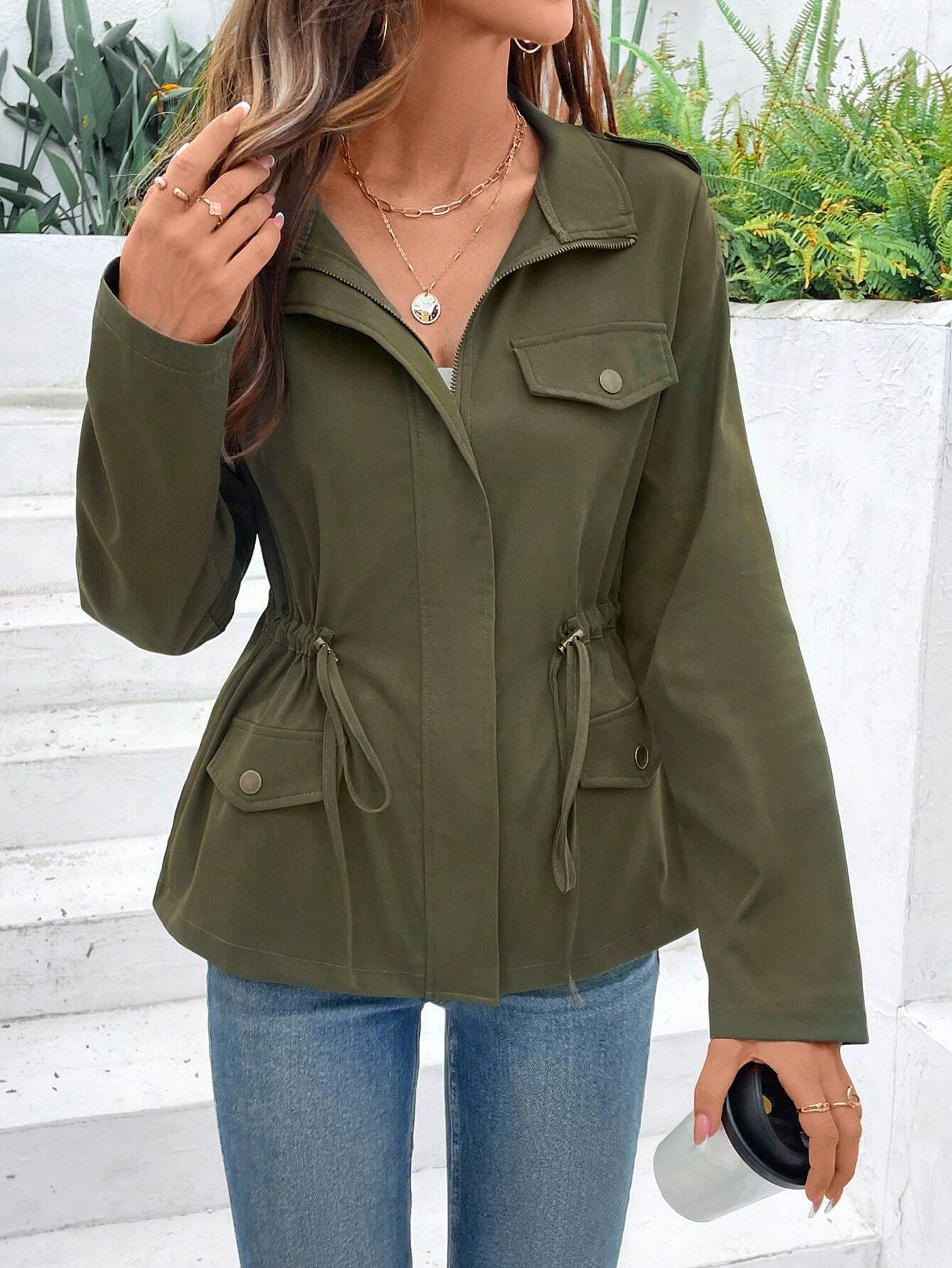 Women Drawstring Waist Utility - Women'S Fashion Utility Jacket ulasan dan harga